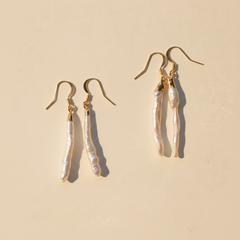 Long Biwa Pearl Dangle Earrings (1E46)
