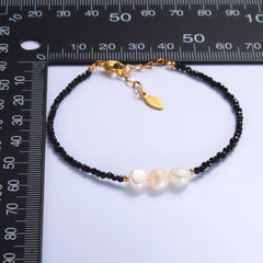 Stainless Steel Triple Shell Pearl Onyx Natural Gemstone 6.5 Inch Bracelet | WA-3129