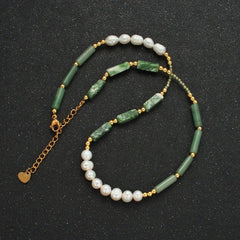 Handmade Green Jade Bead Chain Necklace with Freshwater Pearl 15.55 Inch with Extender | WA2584