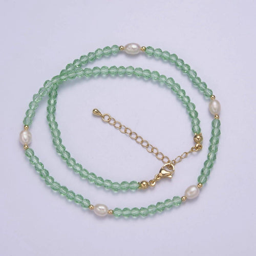 Pearl with Green Glass Beaded Necklace, Green Faceted Rondell Beads Necklace | WA-593 Clearance Pricing