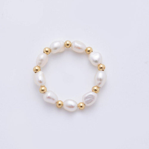 18K Gold Filled Beaded Freshwater Pearl Handmade Stretch Ring | O062