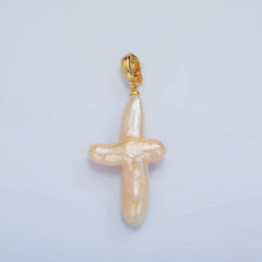 24K Gold Filled White Freshwater Pearl Religious Cross Pendant | P1762
