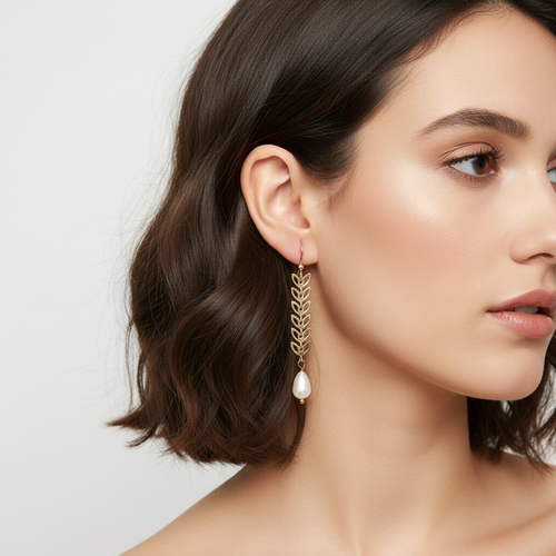 Freshwater Pearl Leaf Chain Dangle Earrings (1E29)