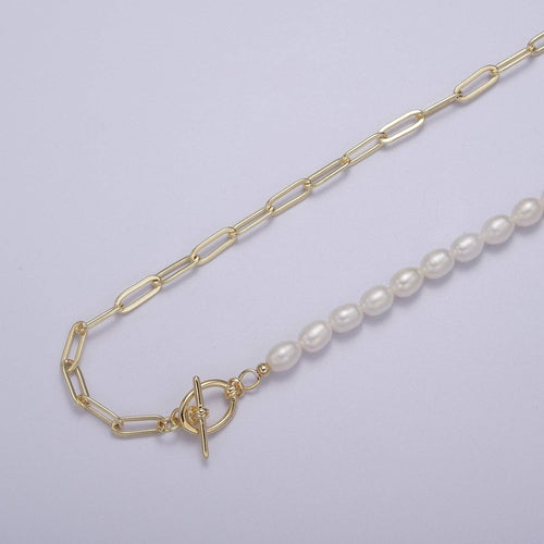 Half beaded half chain necklace in 18k gold fill | Layer Necklace paper clip chain rectangle | White Freshwater Pearl WA-863