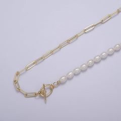 Half beaded half chain necklace in 18k gold fill | Layer Necklace paper clip chain rectangle | White Freshwater Pearl WA-863