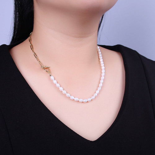 Half beaded half chain necklace in 18k gold fill | Layer Necklace paper clip chain rectangle | White Freshwater Pearl WA-863