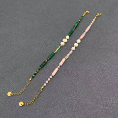 Stone & Pearl & 18K Golden S.Steel Beaded Bracelet - FGS/CS