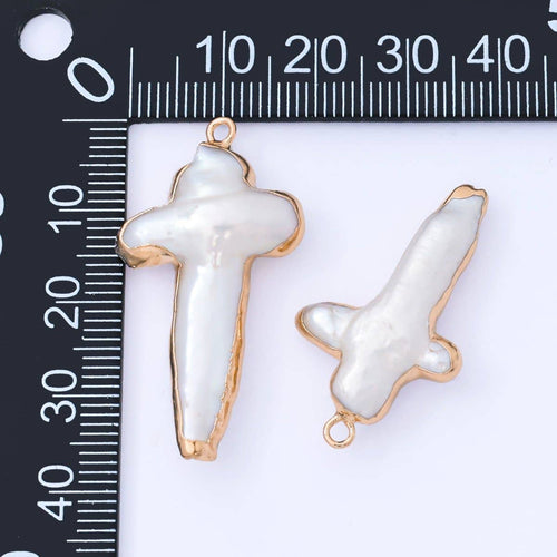 Gold Plated 31mm Baroque White Freshwater Pearl Cross Drop Charm | AF572