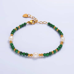 Stainless Steel Ringed Freshwater Pearl Bead Malachite Natural Gemstone Bead 6.5 Inch Bracelet | WA-3135