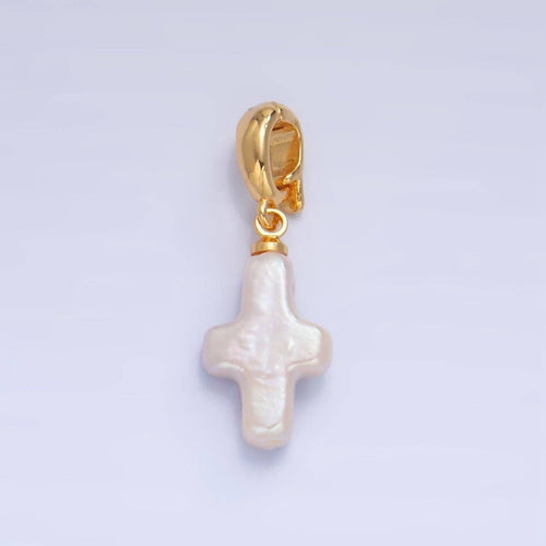24K Gold Filled Religious Cross Freshwater Pearl Snap Latch Pendant | P1918