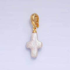 24K Gold Filled Religious Cross Freshwater Pearl Snap Latch Pendant | P1918