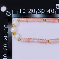 Gold Stainless Steel Watermelon Red Gemstone Tube Beaded Pearl Bracelet  | WA-1346