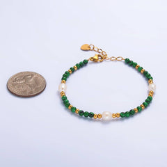 Stainless Steel Ringed Freshwater Pearl Bead Malachite Natural Gemstone Bead 6.5 Inch Bracelet | WA-3135