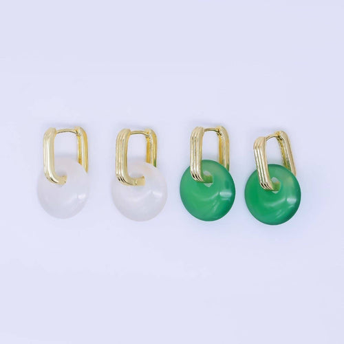 24K Gold Filled Green, White Jade Oblong U-Shaped Hoop Drop Earrings | AB1590 AB1591