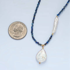 Handmade Blue Lapis Lazuli Beaded Chain Necklace with Fresh Water Pearl 15.35 inch | WA2566