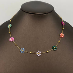 Glass Beaded Flowers 18K Gold Plated SS Necklace