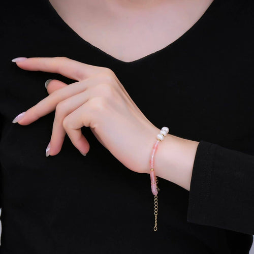 Gold Stainless Steel Watermelon Red Gemstone Tube Beaded Pearl Bracelet  | WA-1346