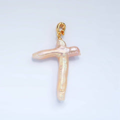 24K Gold Filled White Freshwater Pearl Religious Cross Pendant | P1762