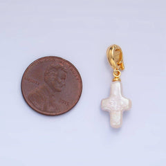 24K Gold Filled Religious Cross Freshwater Pearl Snap Latch Pendant | P1918