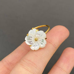 White Shell Flower 18K Gold Plated SS Adjustable Ring - FGS
