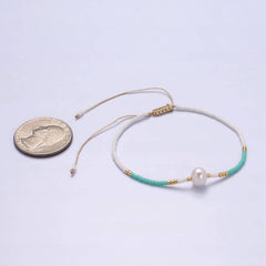 Dainty Shell Pearl Cord Bracelet Turquoise White Gold Cylind