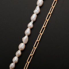 18k Gold Filled Freshwater Pearl Half Chain Necklace Paper Clip Link 16 inch + 2" extender Length Handmade Minimalist Jewelry