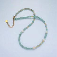 Handmade Green Amazonite Rondell Beaded Chain Necklace with Fresh Water Pearl 15.55 inch | WA2567