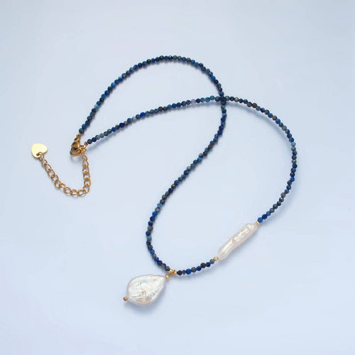 Handmade Blue Lapis Lazuli Beaded Chain Necklace with Fresh Water Pearl 15.35 inch | WA2566