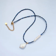 Handmade Blue Lapis Lazuli Beaded Chain Necklace with Fresh Water Pearl 15.35 inch | WA2566