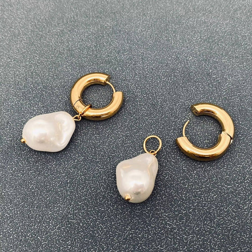 Pearl Charm pendant 18K Gold Stainless Steel Huggie Earrings