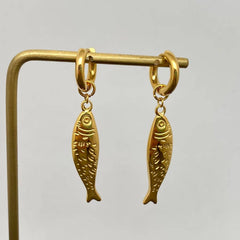 Fish Charm 18K Gold Plated S.Steel Huggie Earrings - FGS