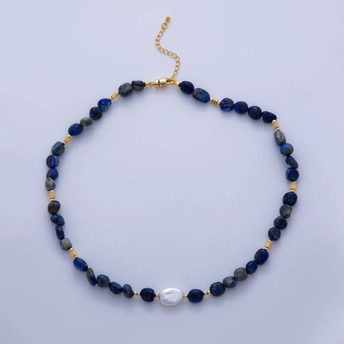 18K Gold Filled Freshwater Pearl Lapis Lazuli Gemstone 15.8 Inch Necklace | WA-3177