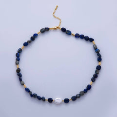 18K Gold Filled Freshwater Pearl Lapis Lazuli Gemstone 15.8 Inch Necklace | WA-3177
