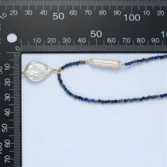 Handmade Blue Lapis Lazuli Beaded Chain Necklace with Fresh Water Pearl 15.35 inch | WA2566
