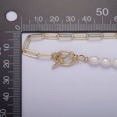 Half beaded half chain necklace in 18k gold fill | Layer Necklace paper clip chain rectangle | White Freshwater Pearl WA-863