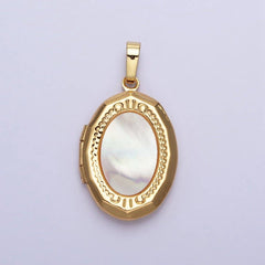 24K Gold Filled Shell Pearl Oval Geometric Engraved Locket in Gold & Silver | AA-367 AA-368