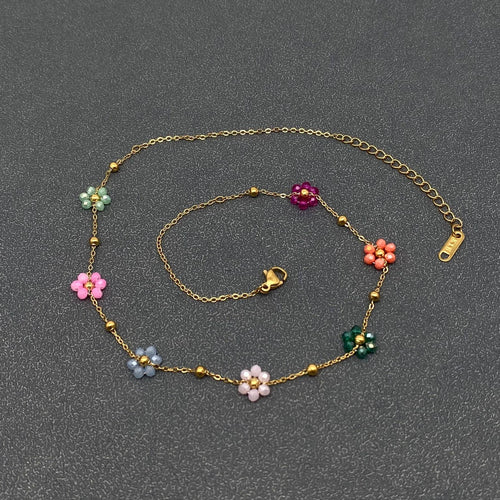 Glass Beaded Flowers 18K Gold Plated SS Necklace
