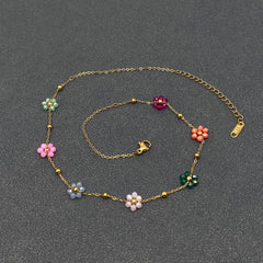 Glass Beaded Flowers 18K Gold Plated SS Necklace