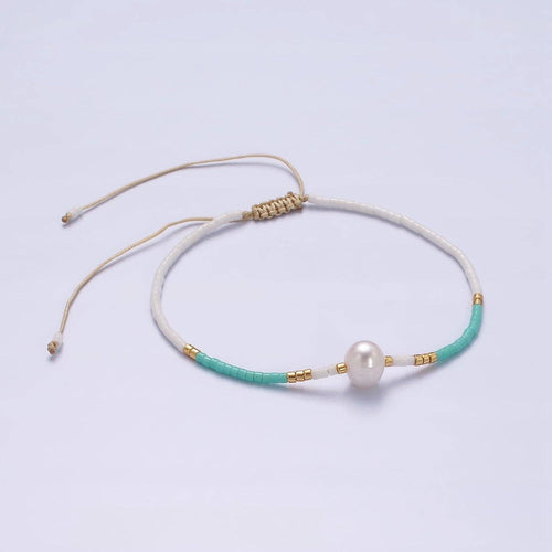 Dainty Shell Pearl Cord Bracelet Turquoise White Gold Cylind