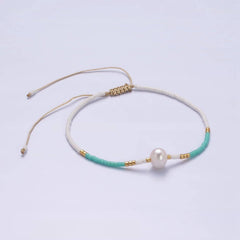 Dainty Shell Pearl Cord Bracelet Turquoise White Gold Cylind