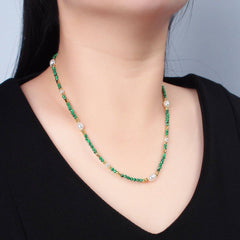 Handmade Green Malachite Beaded Chain Necklace with Freshwater Pearl 17.91 Inch with Extender | WA-A2587