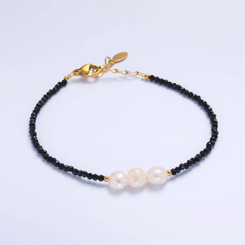 Stainless Steel Triple Shell Pearl Onyx Natural Gemstone 6.5 Inch Bracelet | WA-3129