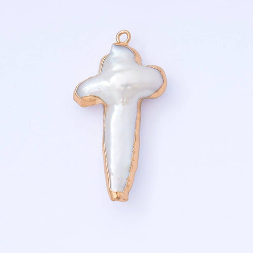 Gold Plated 31mm Baroque White Freshwater Pearl Cross Drop Charm | AF572