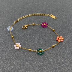 5 Color Glass Beaded Flowers 18K Gold Plated SS Bracelet -FGS