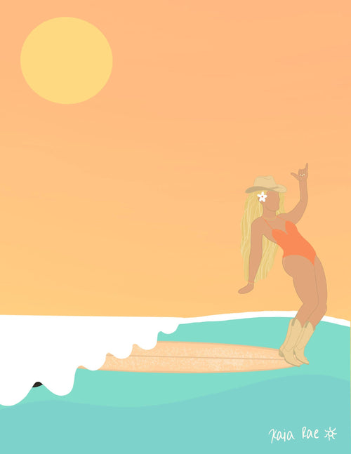 Hang Ten Blonde Cowgirl Art Print | Surf Wall | Beach Prints