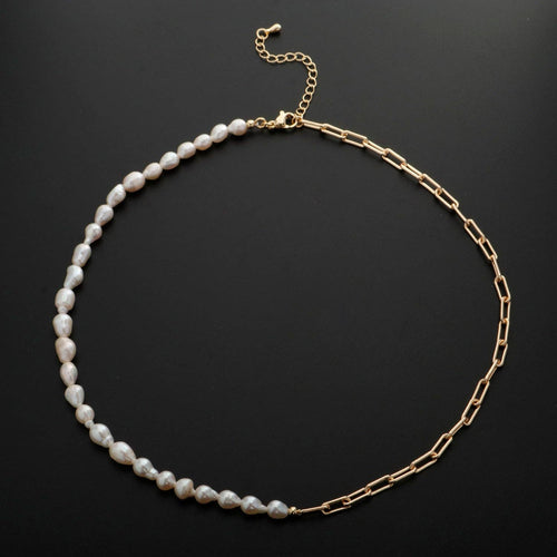 18k Gold Filled Freshwater Pearl Half Chain Necklace Paper Clip Link 16 inch + 2" extender Length Handmade Minimalist Jewelry